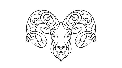 Fototapeta premium Intricate line art illustration of a ram's head with ornate, swirling horns on a white background, showcasing detailed line work and graphic design elements