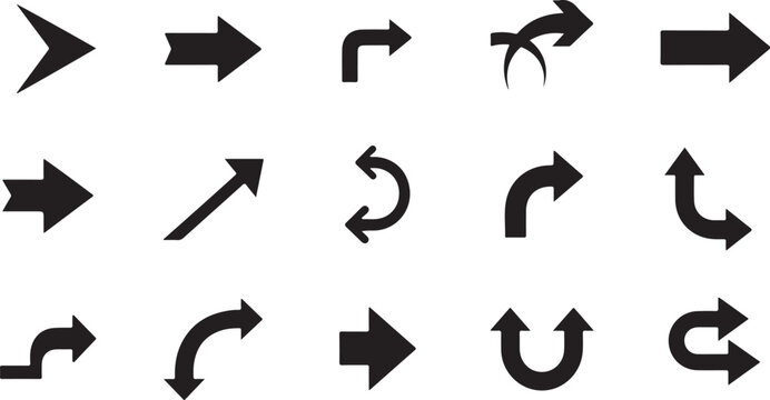 Collection of various black arrow icons on white background