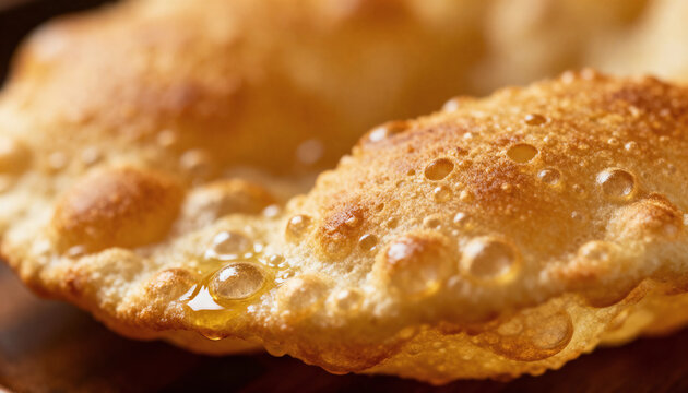 A close-up, high-angle shot of a golden-brown, puffed-up deep-fried Bhatura with a crispy, bubbly texture and a glisten of oil.