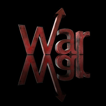 Rising war and conflict with upward arrow symbol on black background.