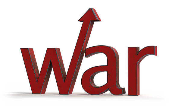 Rising war and conflict with upward arrow symbol on white background.