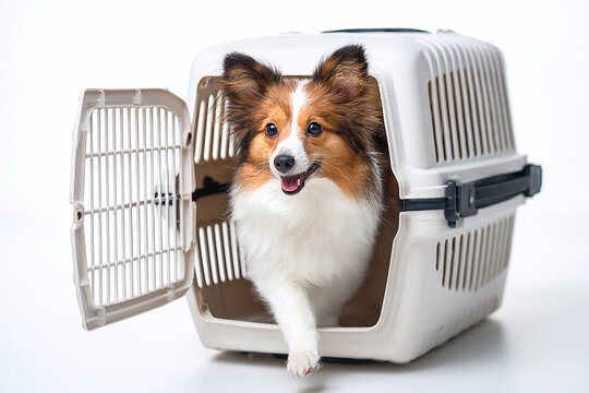 Puppy learning crate training coming out of pet crate