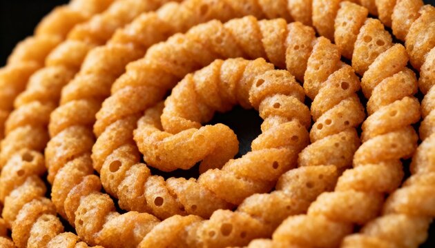 Macro Close-up of Traditional Deep-Fried Spiral Savory Snack with Crispy Texture