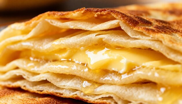 Macro Close-up of Crispy Layered Flatbread with Melting Cheese Filling