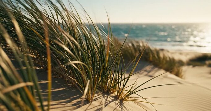 Scenic sand dunes with blowing beach grass at sunset by the ocean