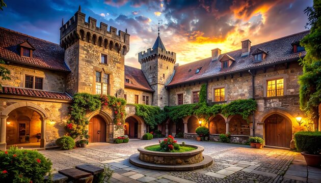 A majestic European-style castle with aged stone walls, courtyards, towers, and vivid sunset lighting