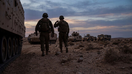 Two soldiers walking towards military vehicles in a dusty desert landscape at twilight.