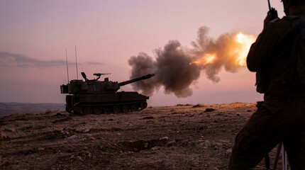 Powerful military self-propelled howitzer tank firing a shell, with smoke and fire in desert. © Darren