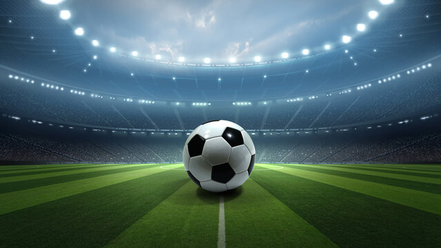 Football ball on the pitch with stadium lights at night. An imaginary stadium is modelled and rendered.