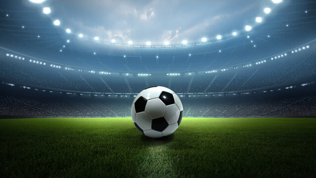 Soccer ball on a stadium field under bright lights. An imaginary stadium is modelled and rendered.