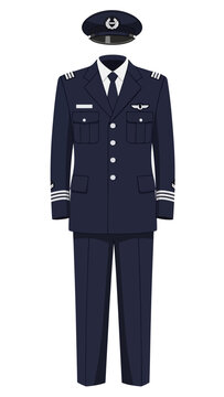Pilot uniform consisting of a navy blue jacket, trousers, and a cap with insignia