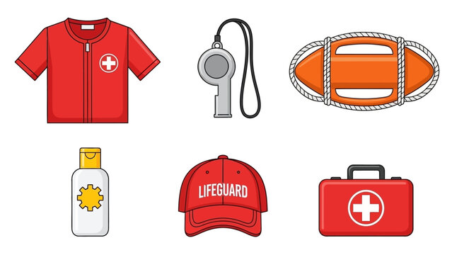 Lifeguard equipment set, including a red jacket, whistle, sunscreen, cap, lifebuoy, and first aid kit, all on a white background