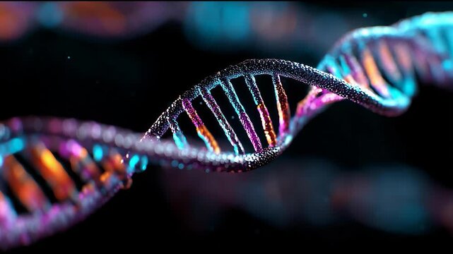 Glowing DNA Double Helix with Neon Colors, Futuristic Genetics and Biotechnology Concept