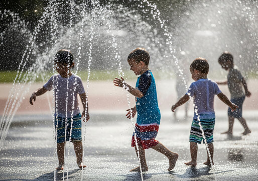 Kids Playing in Splash Zone with Frozen Water Droplets