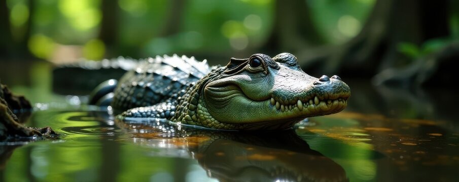 Alligator in Avery Island's lush swamp environment , jungle, wildlife photography, green