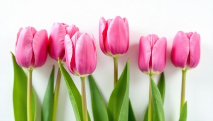 Obraz premium Close up of several pink tulips on pure white , soft, petals, isolated