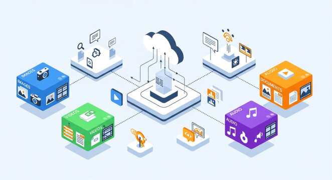 Isometric Illustration of Data Integration and Connectivity Platform.