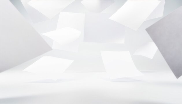 Dynamic abstract composition with white flying papers on light background, conveying movement