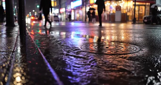 Rainy City Street at Night with Glowing Reflections and Pedestrians
