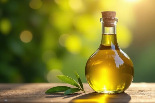 Full bottle of olive oil, cork stopper, sunlight , diet, texture, organic
