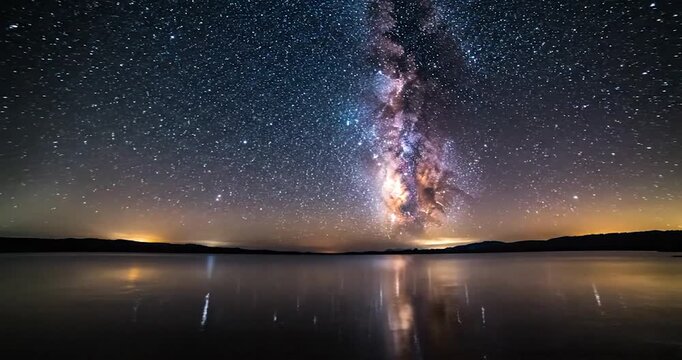 Stunning Milky Way Galaxy Reflection Over A Calm Lake At Night