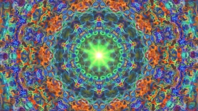 Intricate colorful symmetrical mandala pattern with vibrant swirling textures