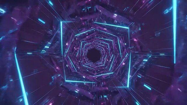 Abstract geometric tunnel with neon lights and digital patterns