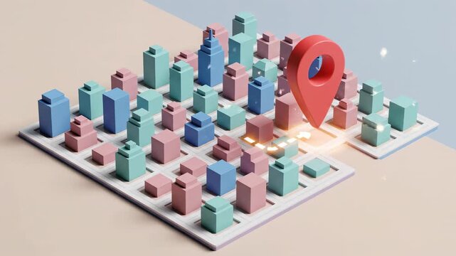 Stylized city map with gps location marker and animated path visualization for navigation and urban planning in soft pastel colors