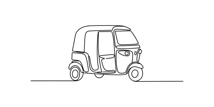 Continuous line drawing of a traditional three wheeled auto rickshaw or tuk tuk vehicle