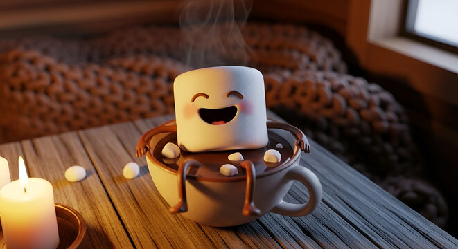 Happy marshmallow character in hot chocolate mug dibujo animado