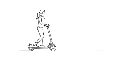 Continuous line drawing of a young woman riding an electric scooter on a white background. © Badhon_Designer
