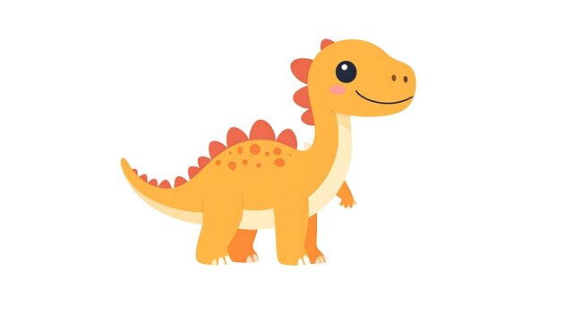 A smiling, cartoon dinosaur with orange and yellow hues, standing upright with small arms and legs, on a clean, white background