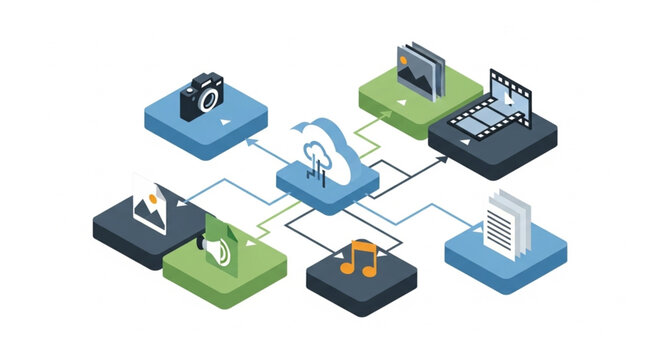 Isometric Illustration of Data Sharing and Connectivity Between Devices.