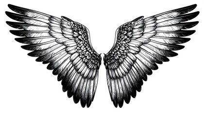 Fototapeta premium Black and white illustration featuring fully open, detailed bird wings. Feathers are intricately shaded and layered for depth