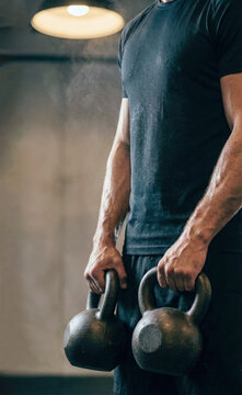 Hyrox Farmer's Carry, Athlete Gripping Heavy Kettlebells in Atmospheric Gym Light with copy space