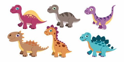 Colorful cartoon dinosaurs cheerfully pose in a playful illustrated scene © Usa
