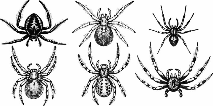 Detailed ink sketch of six different spider species displayed together