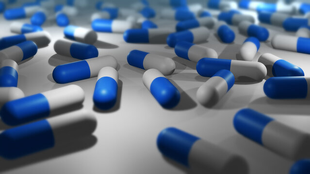 Camera Pans Across Cinematic Blue and White Pill or Drug Capsules