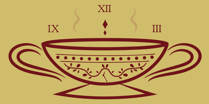 Stylized illustration of a dark red teacup with roman numerals