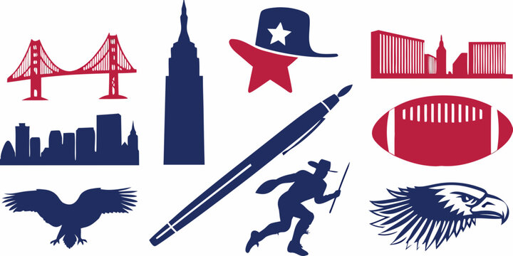 American landmarks symbols and icons in a stylized graphic design