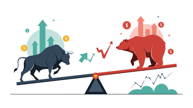 Financial stock market concept showing bull and bear characters balanced on a seesaw with trading graphs and dollar signs.