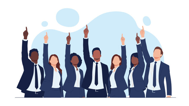 Group of diverse professional business people in suits pointing upwards together representing teamwork, goals, and success.