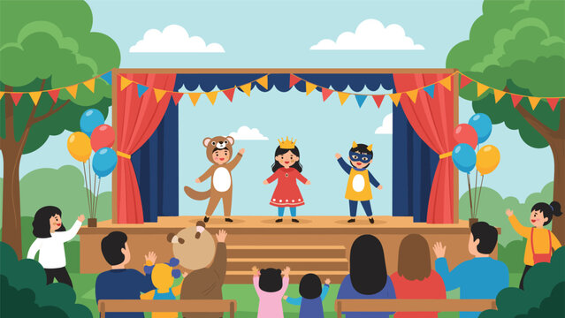Group of children in animal and royal costumes performing a play on an outdoor stage for an audience of proud parents and friends.