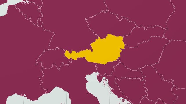 Austria map. Animated zoom into the country on the Globe in Pale Mint Dark Pink color palette. Country logo animation with round text and airplanes. Map with meridians, parallels. Charming video.