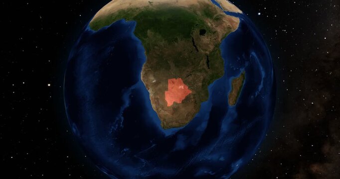 Botswana on the Globe. Zoom into the country with the Earth spinning in space. High detail physical world map with Botswana on it. Country view animation. Elements of this image furnished by NASA.