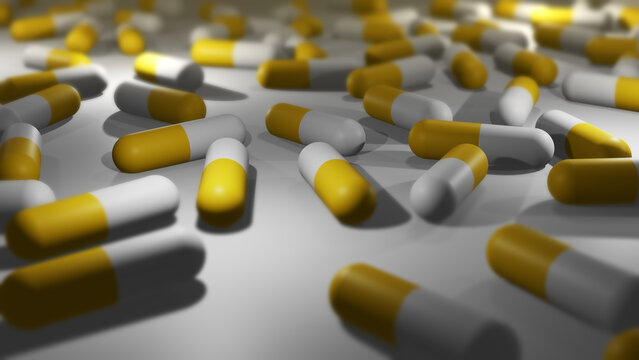 Camera Pans Across Cinematic Yellow and White Pill or Drug Capsules