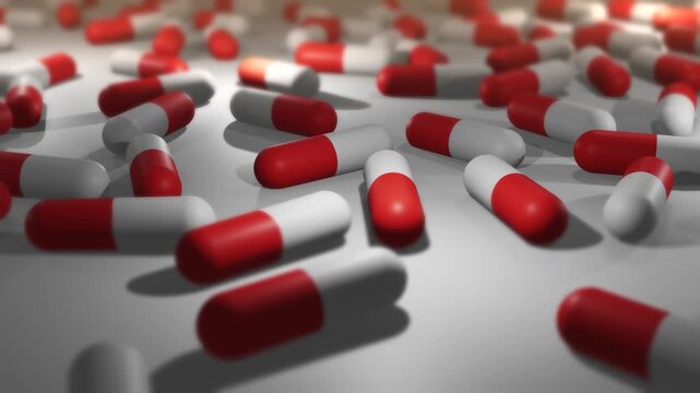 Camera Pans Across Cinematic Red and White Pill or Drug Capsules