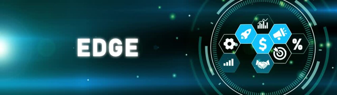 Digital graphic with the word EDGE and a circular interface displaying business icons edge advantage