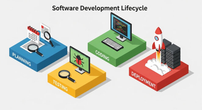 Software Development Lifecycle Stages - Planning, Coding, Testing, and Deployment.