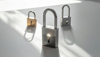 Naklejka premium Three padlocks of varying sizes casting shadows on a white surface, symbolizing security and protection